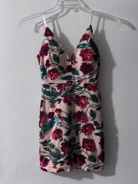 Dear Moon Magenta Rose Floral Sequin Bodycon Mini Dress - Size 0